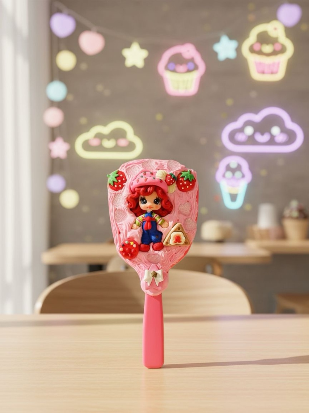 Hand Crafted Pink Strawberry Doll Handle Makeup Mirror